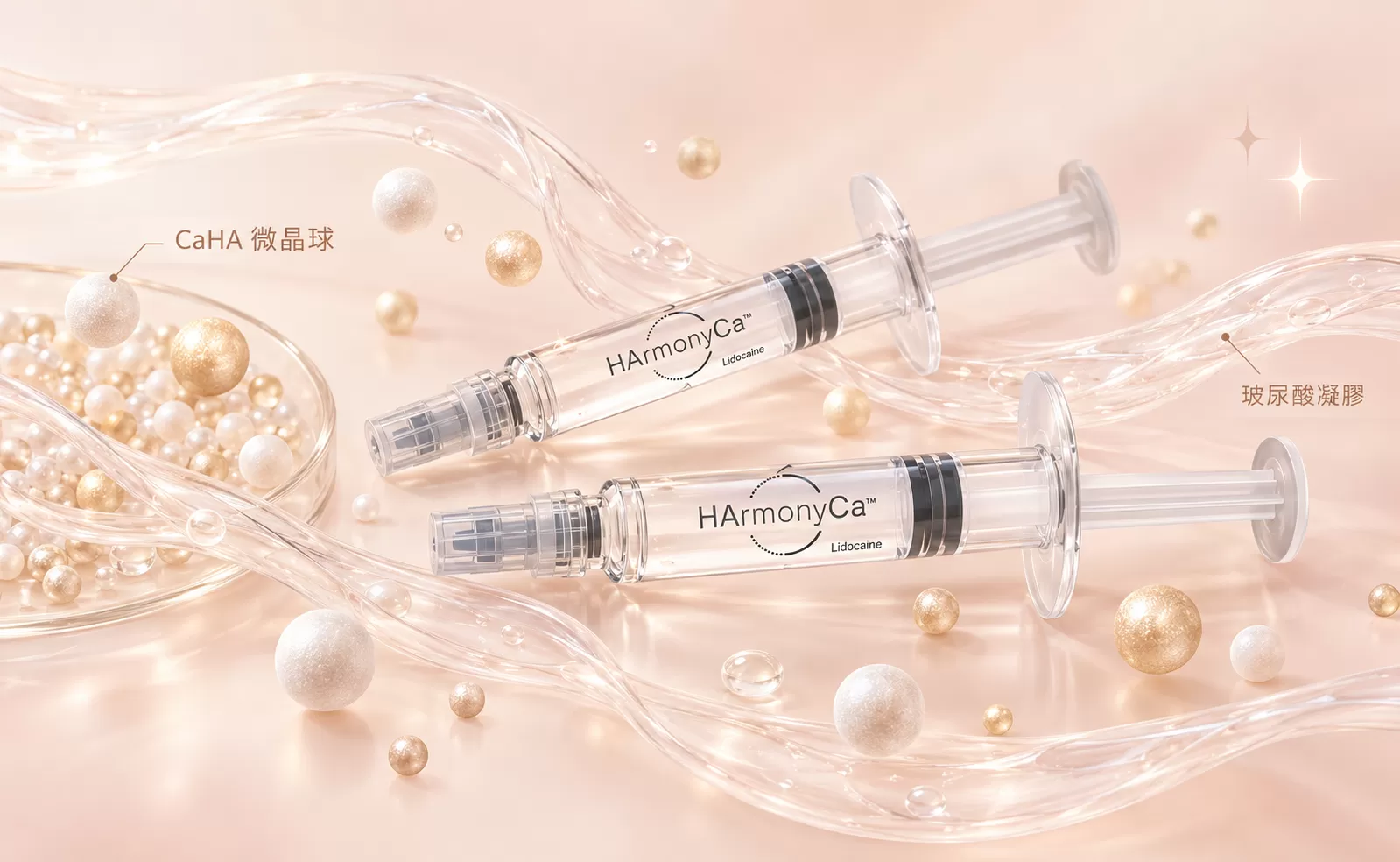 媄神針 HArmonyCa 雙效填充凝膠主視覺,玻尿酸與 CaHA 微晶球結合示意